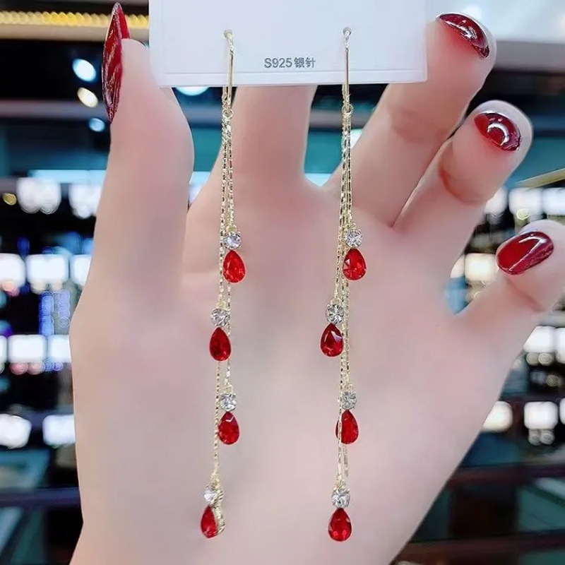 Blue Water Drop Tassel Earrings Korean Style Luxury