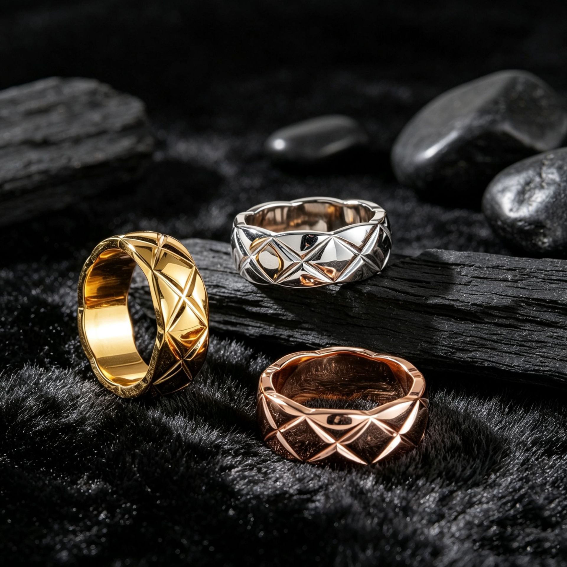 Rose gold and silver CNC diamond pattern stackable ring for women