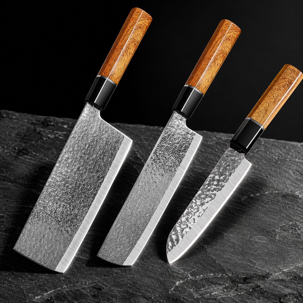 Forged stainless steel kitchen knife set with chef and santoku knives