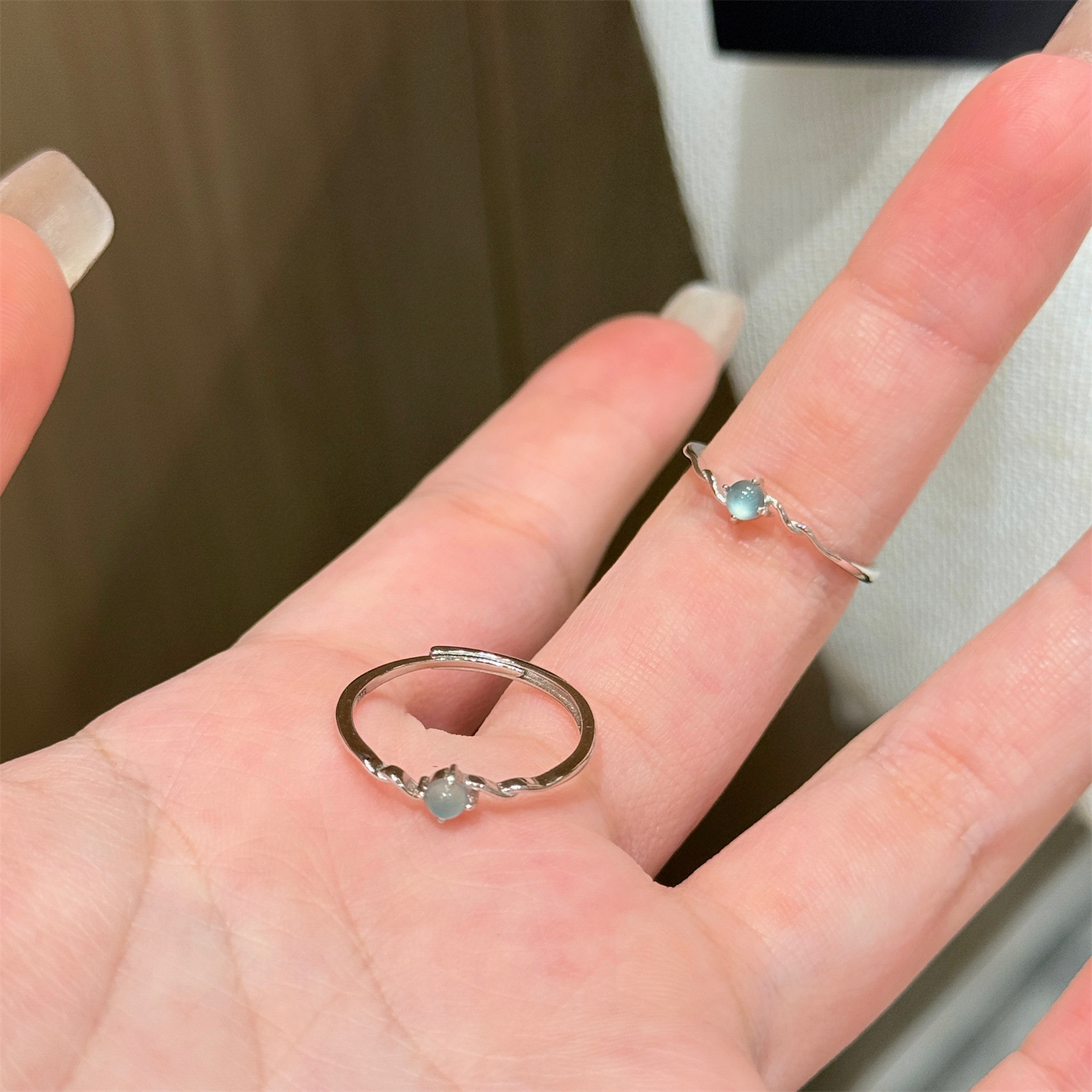 S925 sterling silver blue water jade ring, adjustable, simple design