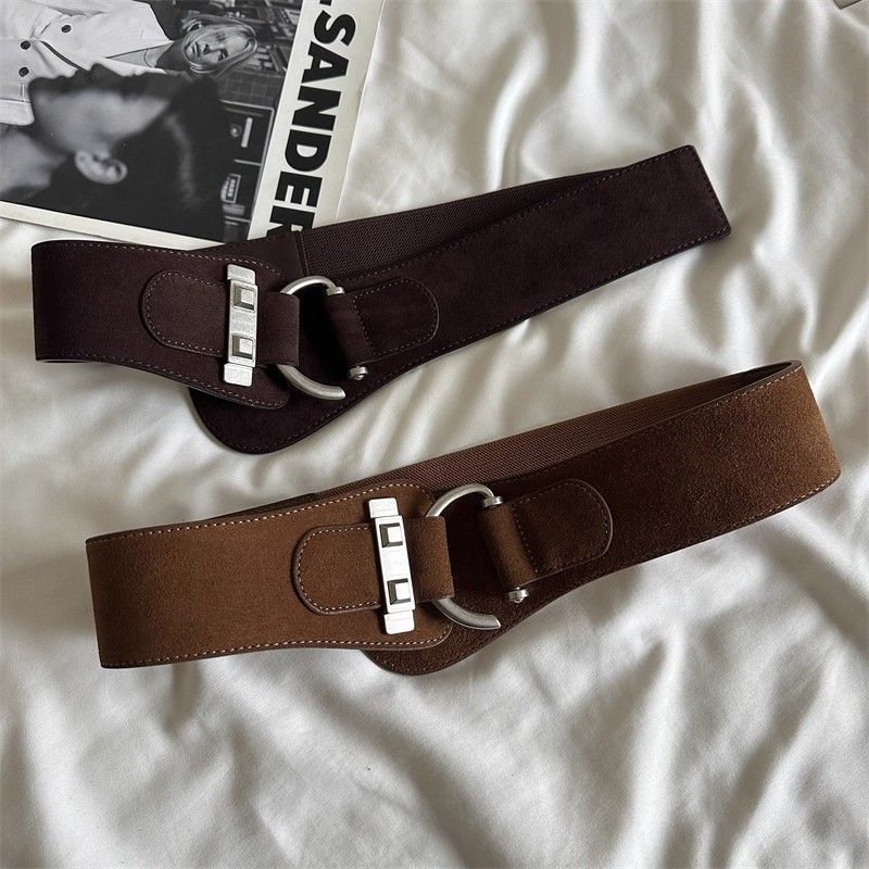Women's suede belt with silver buckle, wide and elastic
