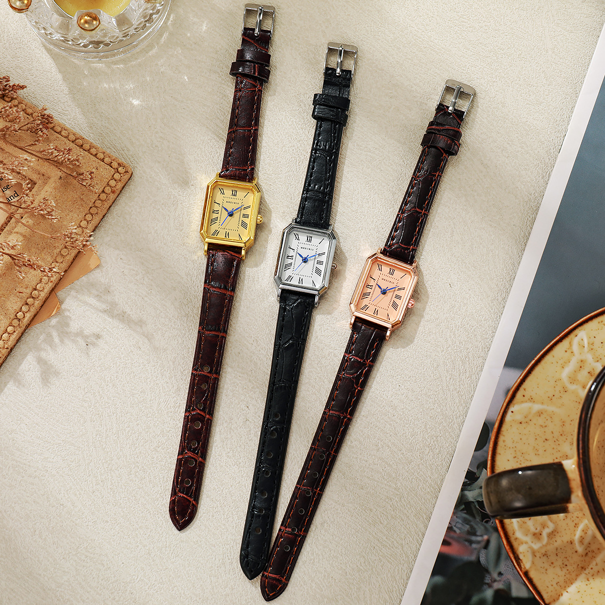 Square women's watch leather strap minimalist French design