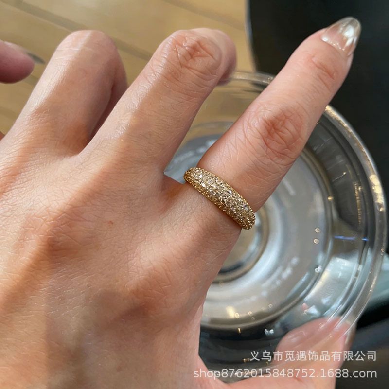 中古金色菱格满钻戒指女款轻奢小众高级感八芒星老钱风食指戒指环