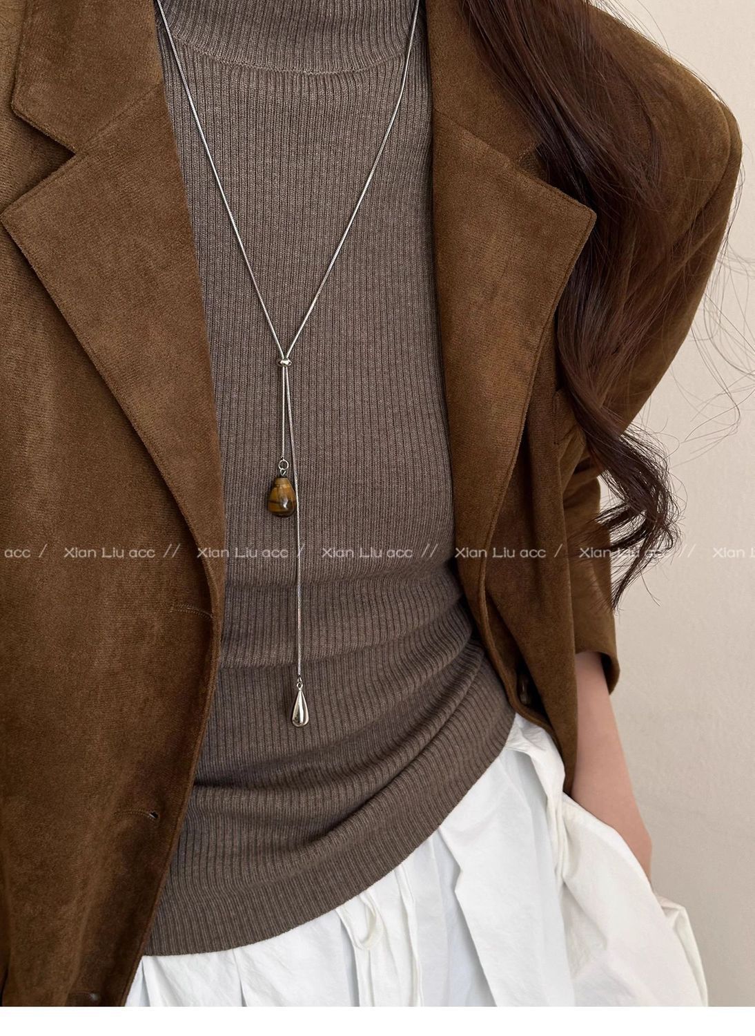 Tiger's eye water drop pull-through necklace, long design, women's accessory