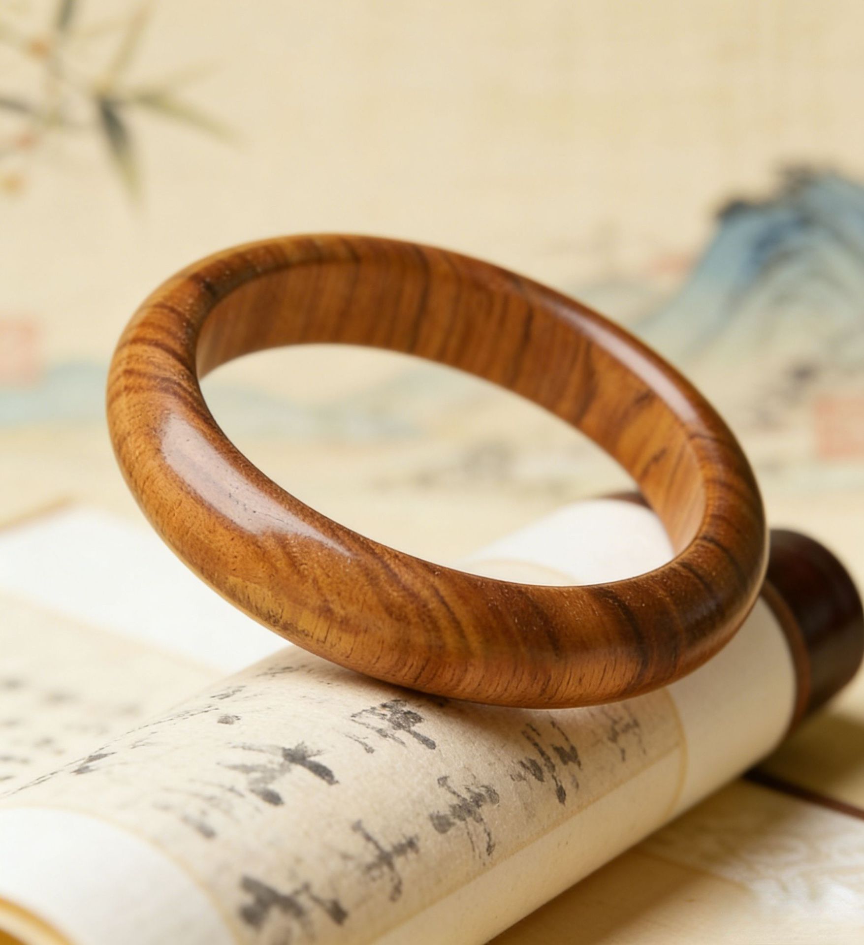 Natural aged peach wood bracelet, wide bangle