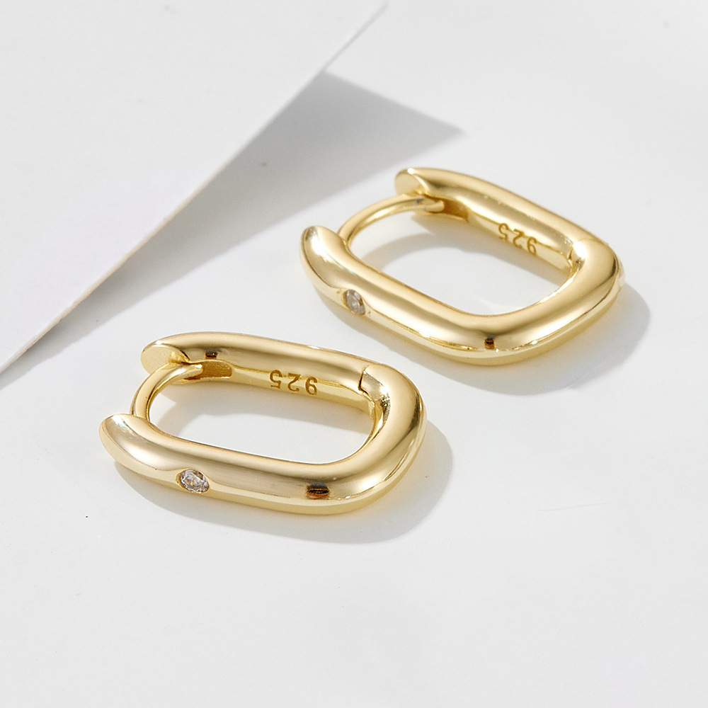 Silberne Ohrringe, ovale U-Form, mit Diamanten, minimalistisch