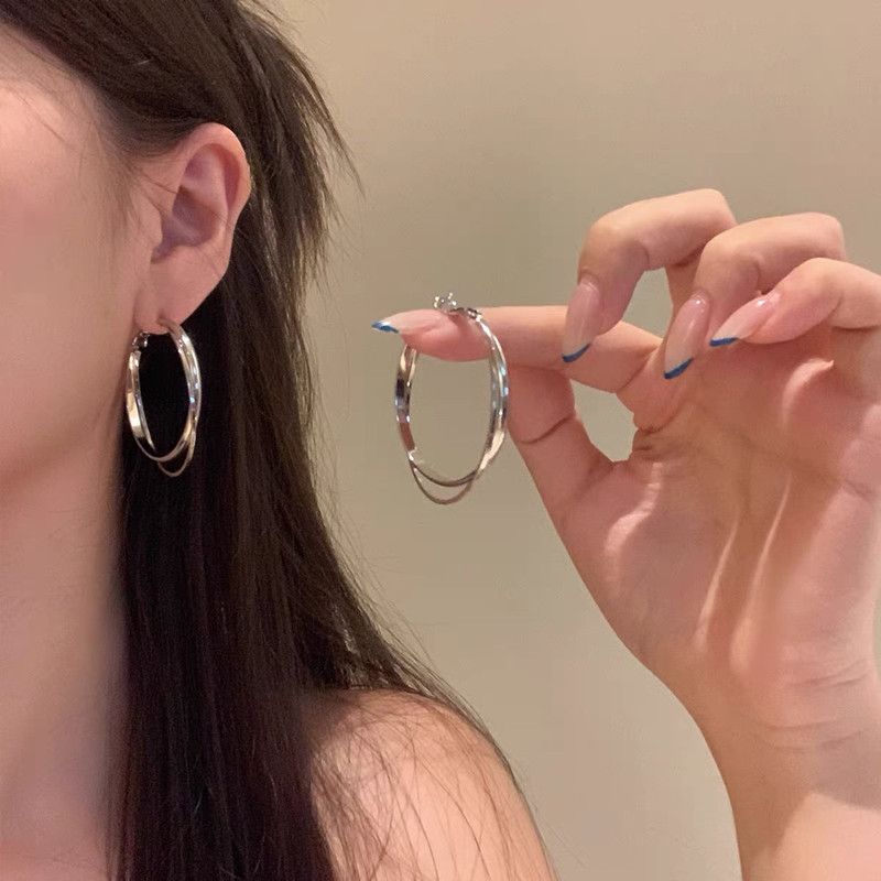 Metal double layer circle hoop earrings, women's
