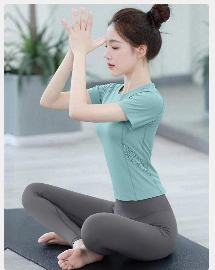 Women's yoga set, mesh fabric, quick-dry, breathable, short sleeve