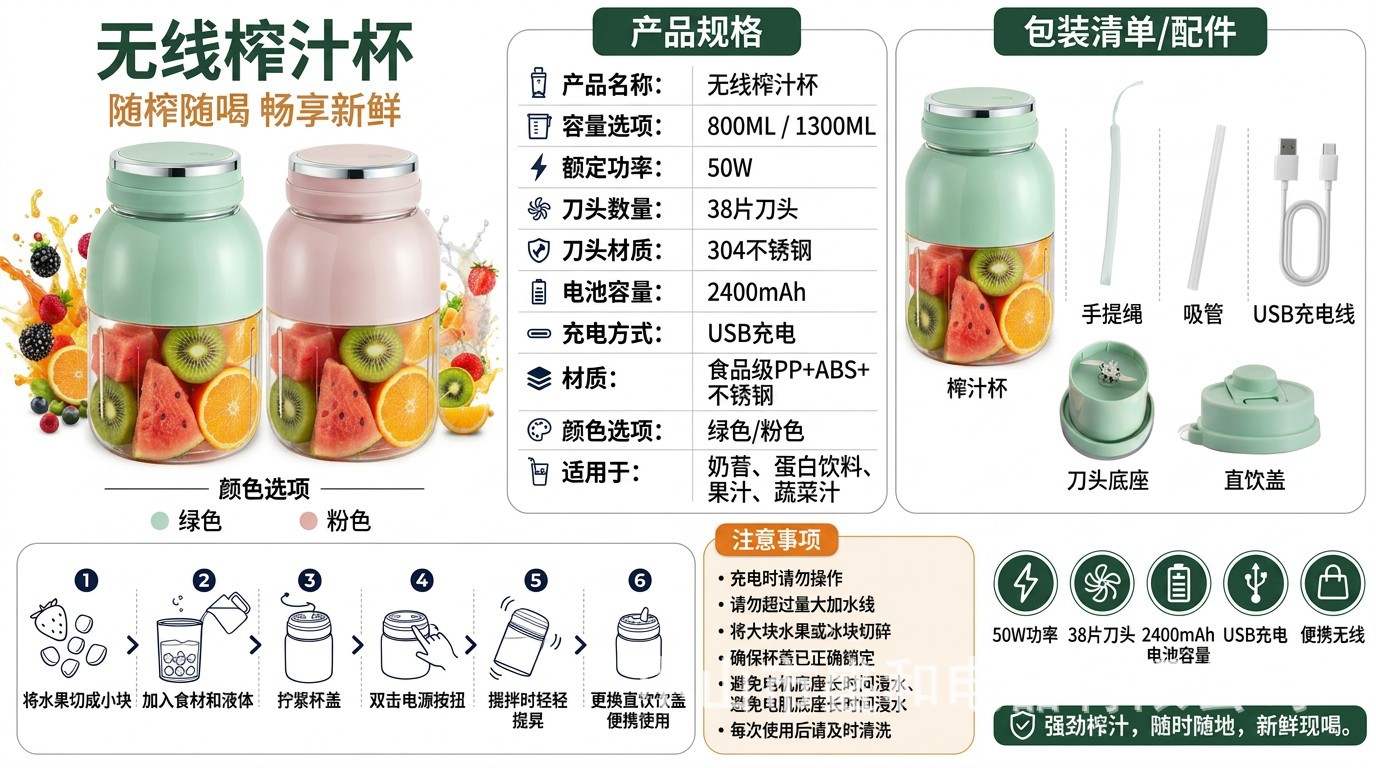 800ml wireless portable juicer, USB rechargeable