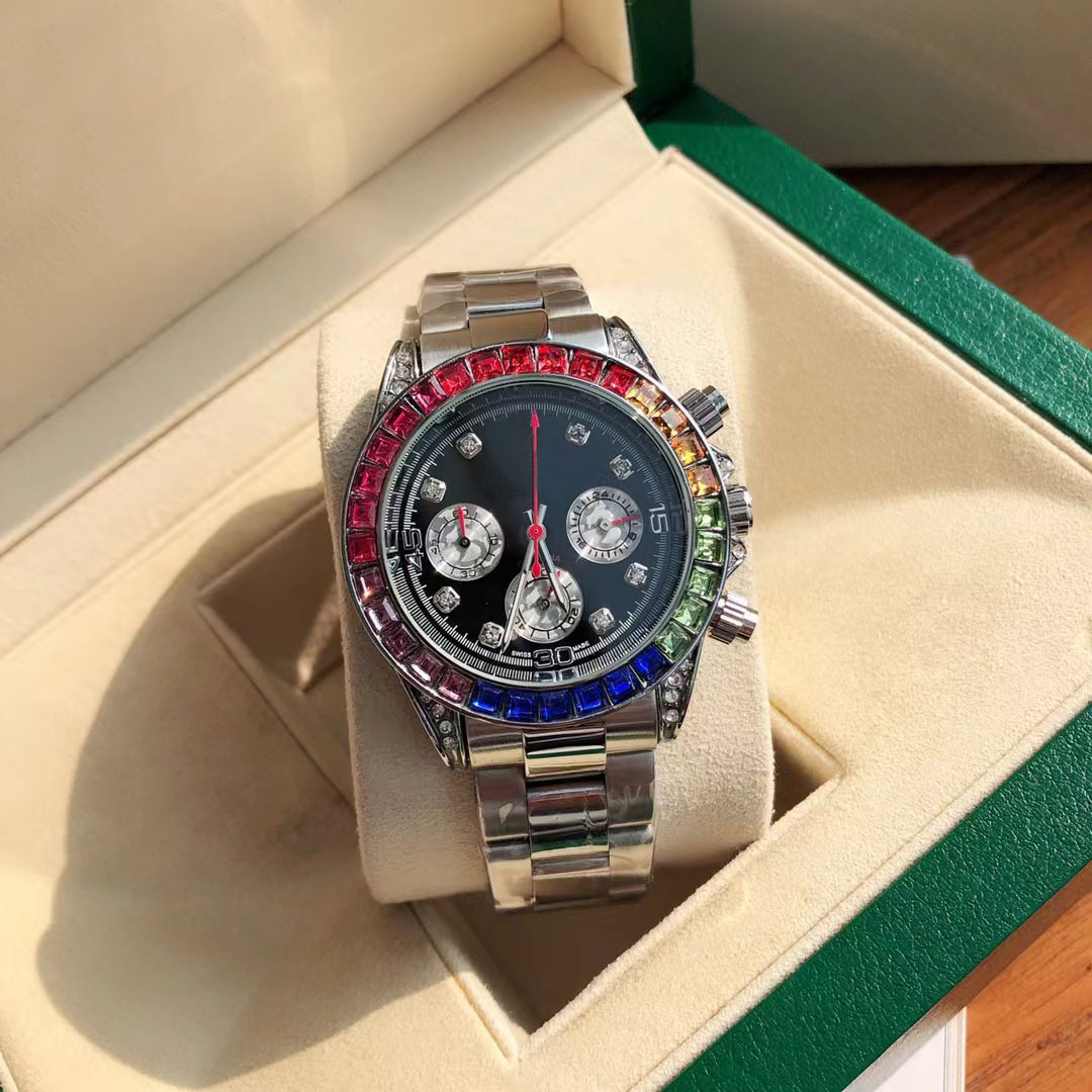 Rainbow men's quartz watch, steel band, diamond bezel