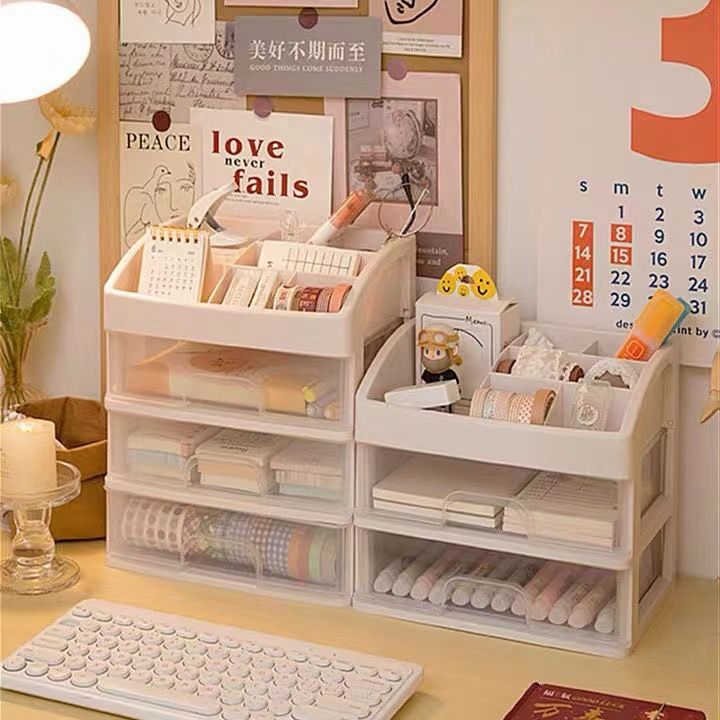 Desktop storage box with drawers for office and cosmetics