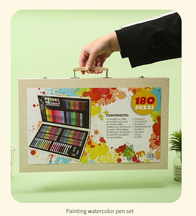 180-Piece Wooden Box Painting Set with Watercolor and Crayons