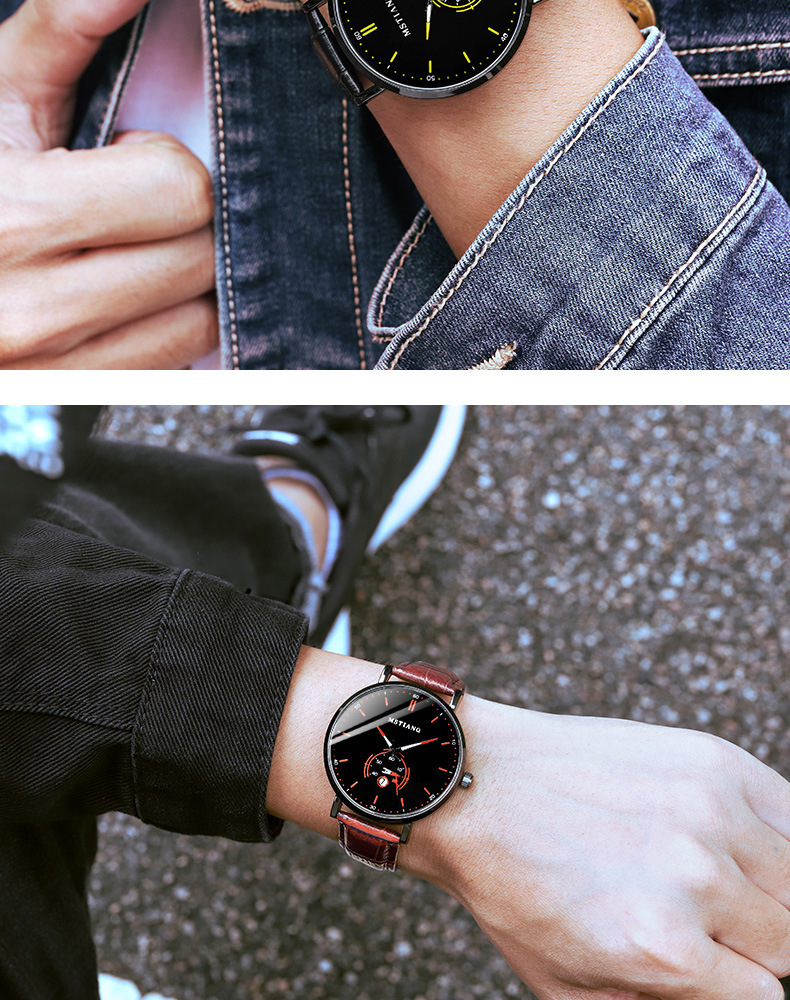 Black technology leather strap men's watch, Korean style, ultra-thin design