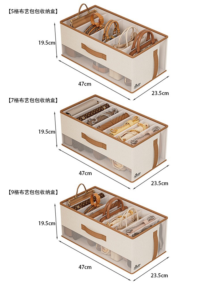 Handbag storage box with lid, wardrobe organizer, compartmentalized, large capacity