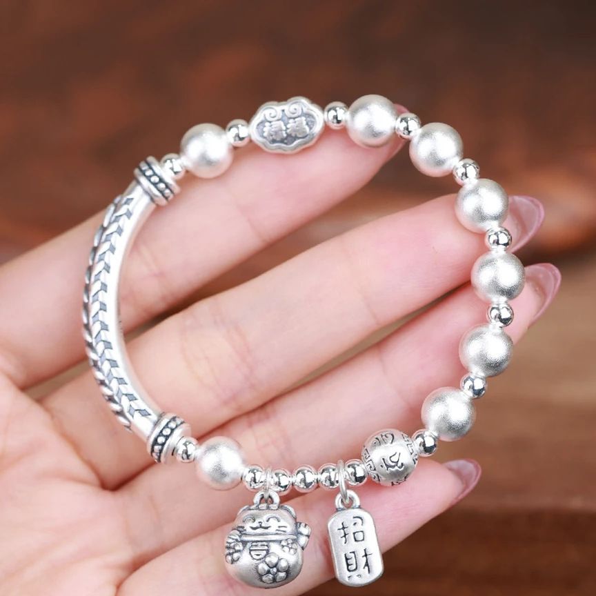 S925 silver lucky cat fortune bracelet, vintage style