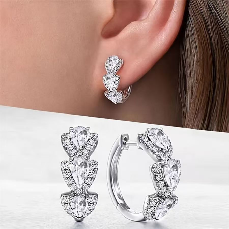 Zircon Drop Earrings, Copper, Water Drop Shape, Elegant
