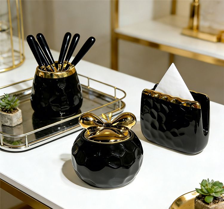 Nordic ceramic tabletop tissue box and storage jar set, 3-piece