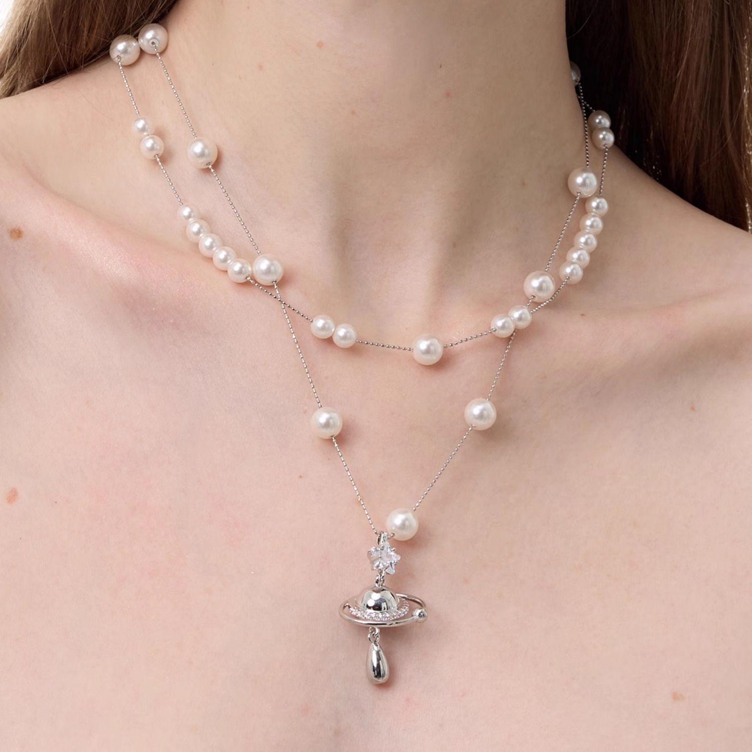 Pearl necklace with detachable chain, stackable design, high quality