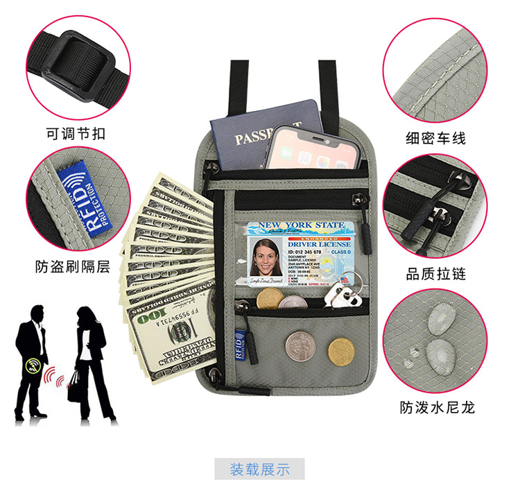 RFID neck wallet for travel documents and passport