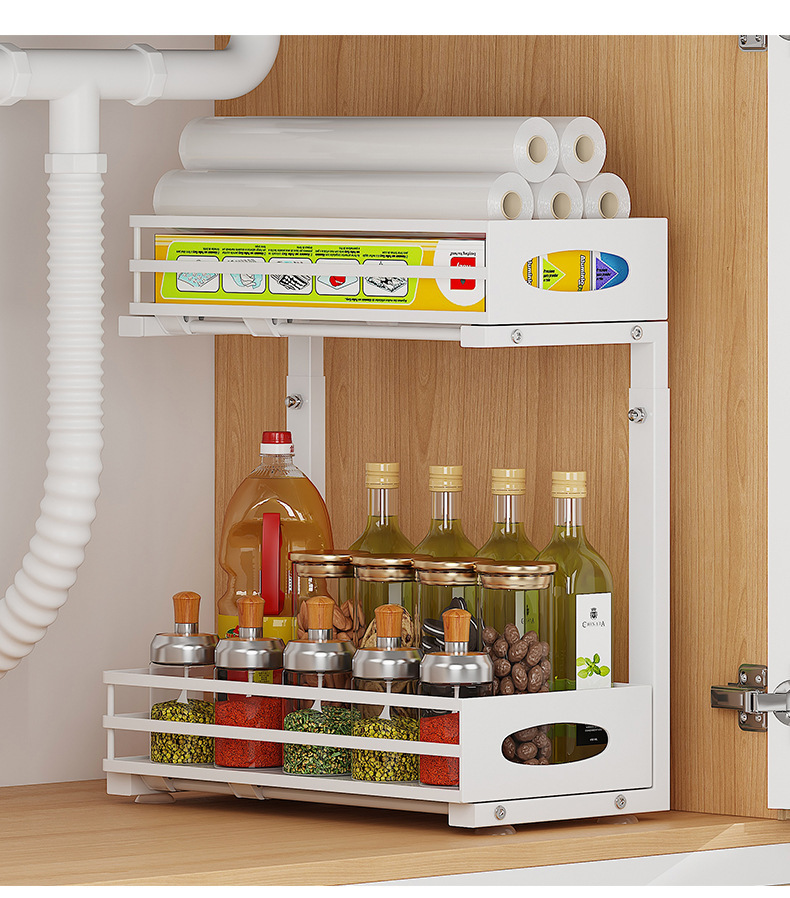 Lavabo altı çift katmanlı depolama sepeti, ayarlanabilir