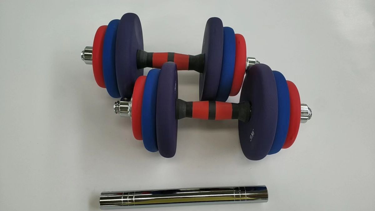 Colorful vinyl-coated dumbbell set, fitness shaping, adjustable
