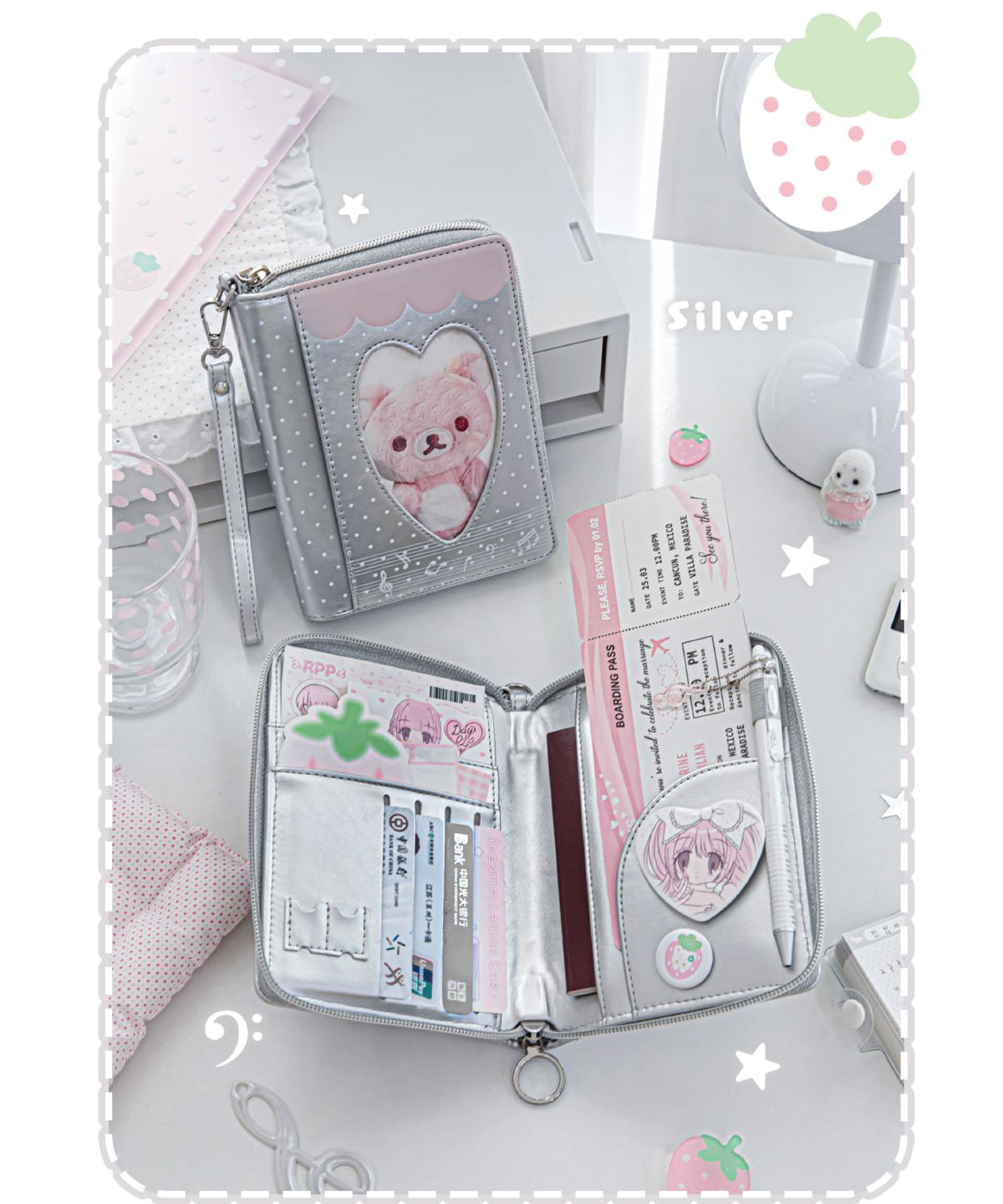 RosyPosy strawberry pattern passport holder card and money storage