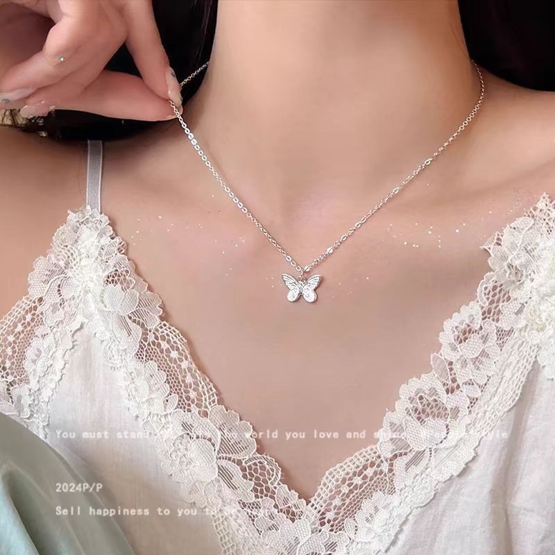 S999纯银爱心蝴蝶结锆石项链女精致优雅轻奢高级感锁骨链首饰新款