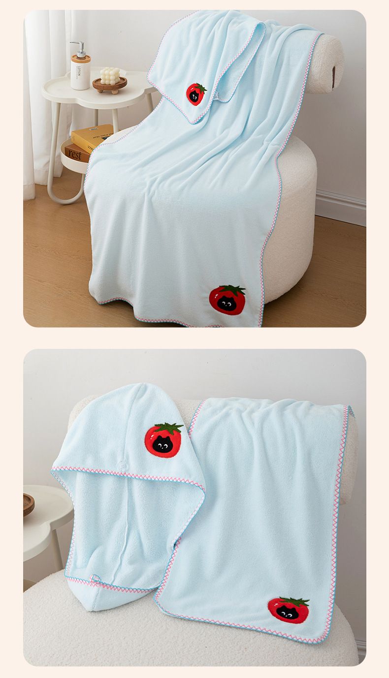 Apple Kitten Cartoon Embroidered Bath Towel Set, Coral Fleece, Quick-Dry