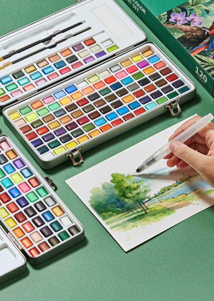 Solid watercolor pigment, metal box, pearl color, student set