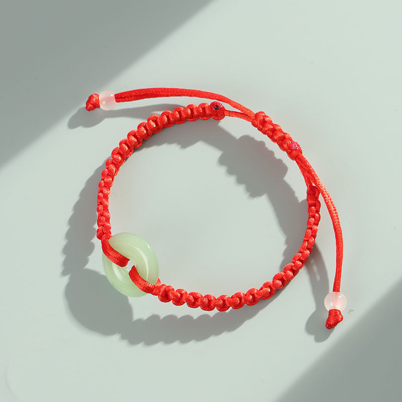 Red string bracelet, jade, safety clasp, hand-woven, unisex