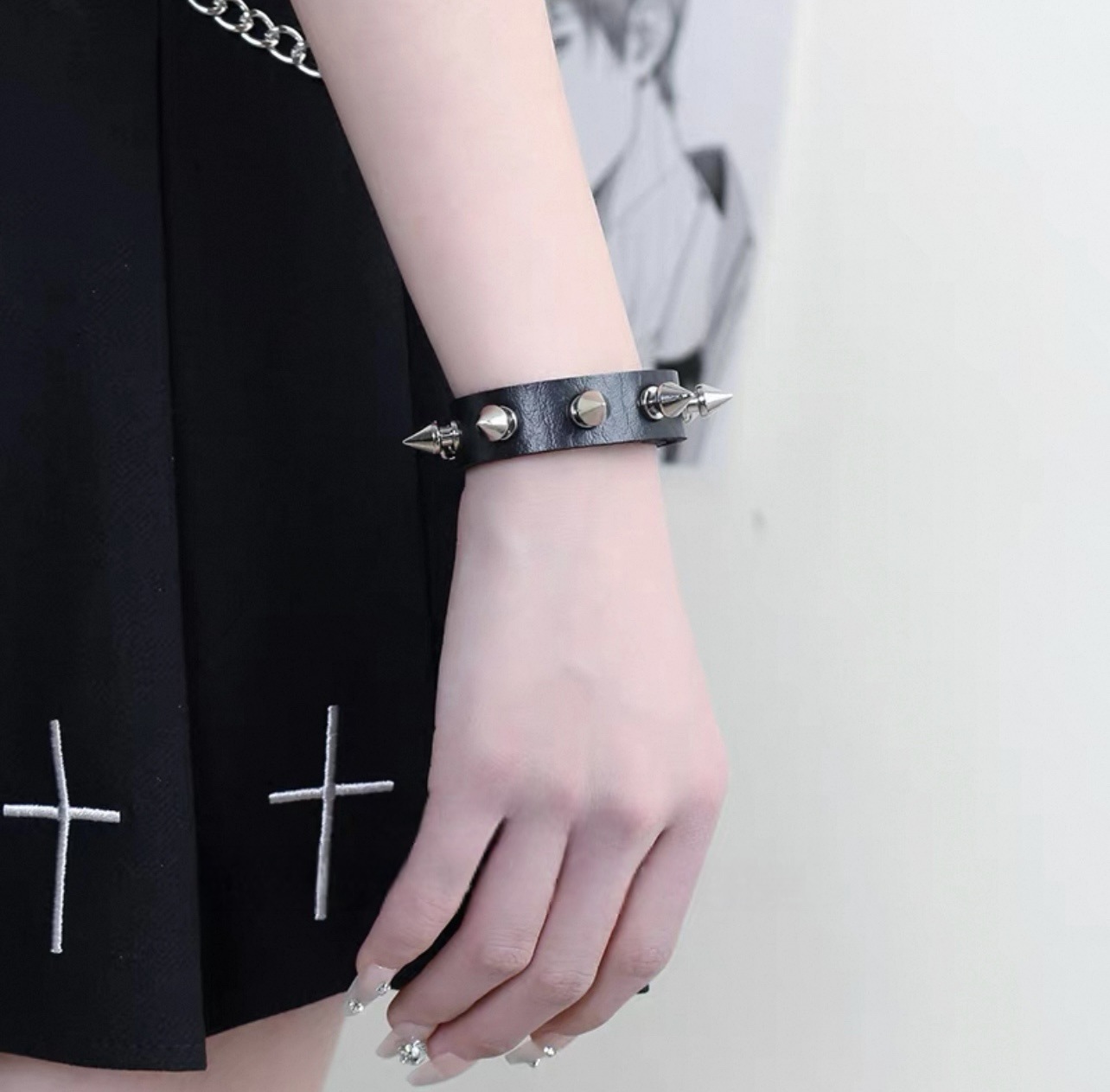 Punk-Herrenarmband mehrschichtig, Leder Nietenkette