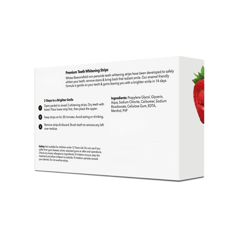 Strawberry-flavored teeth whitening strips removing stains and yellowing