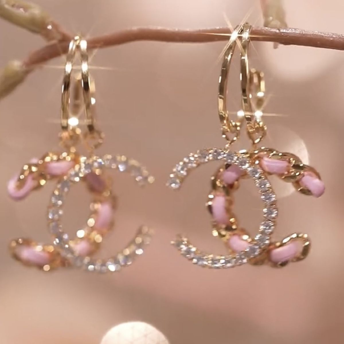C-shaped pink leather rhinestone earrings, S925 silver needle