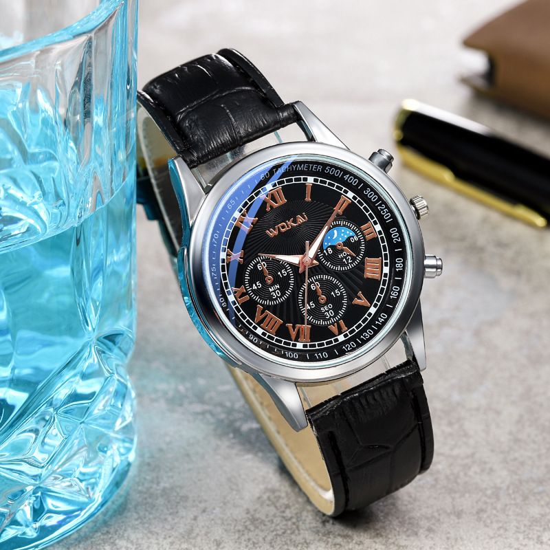 Men's leather strap quartz watch waterproof
