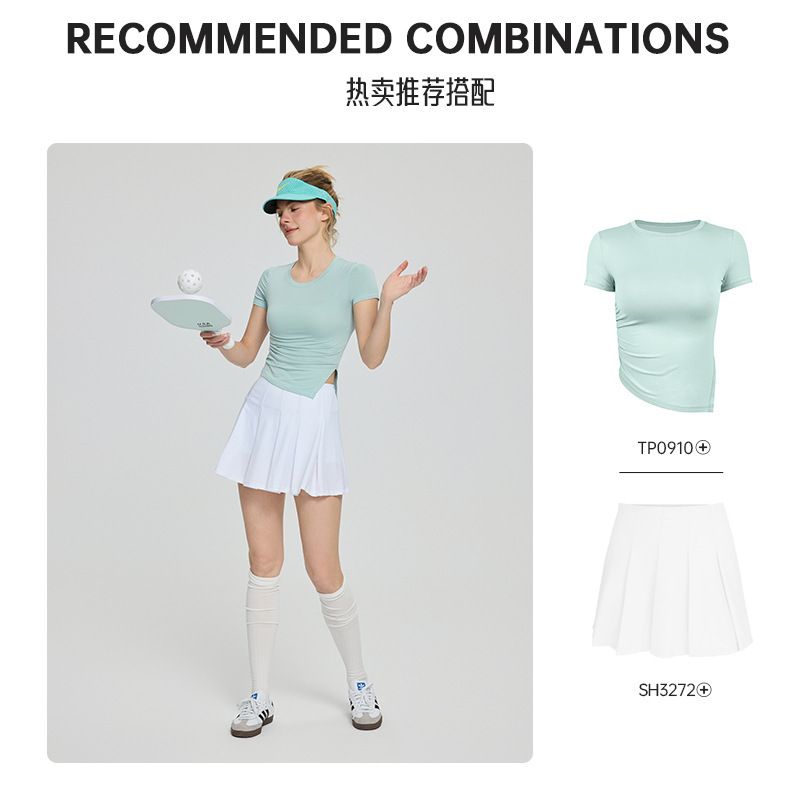 秋冬新款瑜伽服女柔软亲肤修身上衣健身服抽褶开叉显瘦短袖T恤