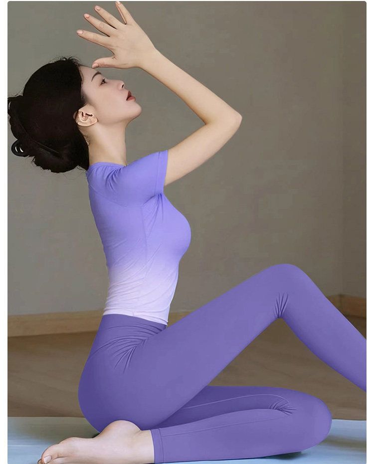 Gradyan yoga seti, kısa kollu, dış giyim olarak taşınabilir