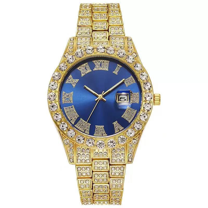 Men's quartz watch with crystals calendar roman numerals