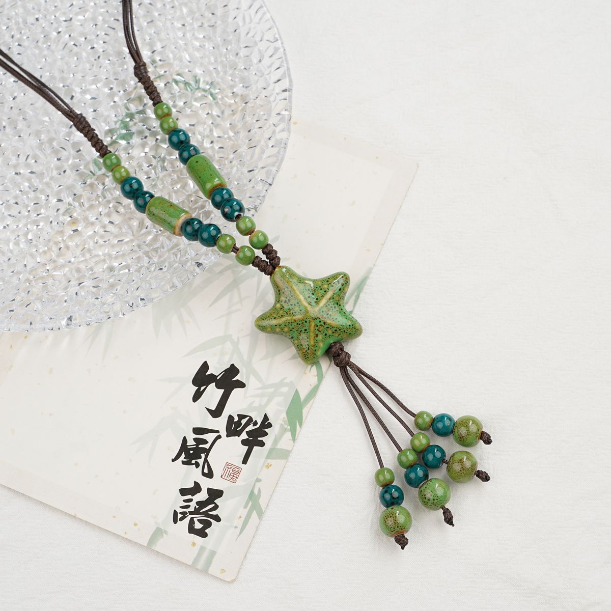 Jingdezhen ceramic mushroom pendant, Chinese style long sweater chain