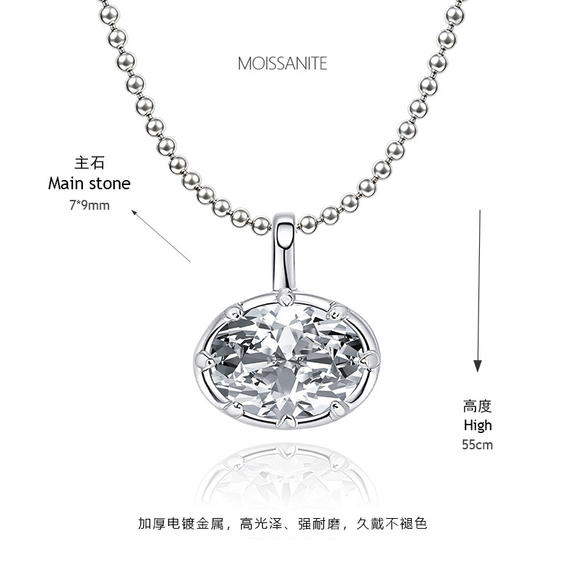 S925 gümüş kolye, oval 2 karat moissanit taşlı