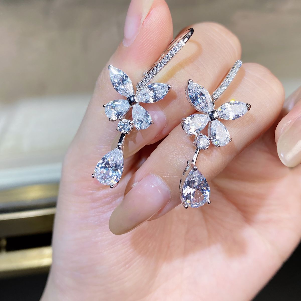 Butterfly earrings, 925 silver, water drop shape, marquise