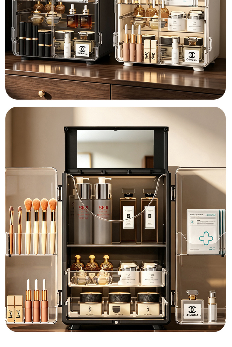 Cosmetics organizer with mirror dustproof large capacity