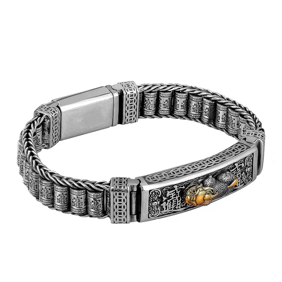 Pixiu silver bracelet, 18 beads, vintage design, wide band
