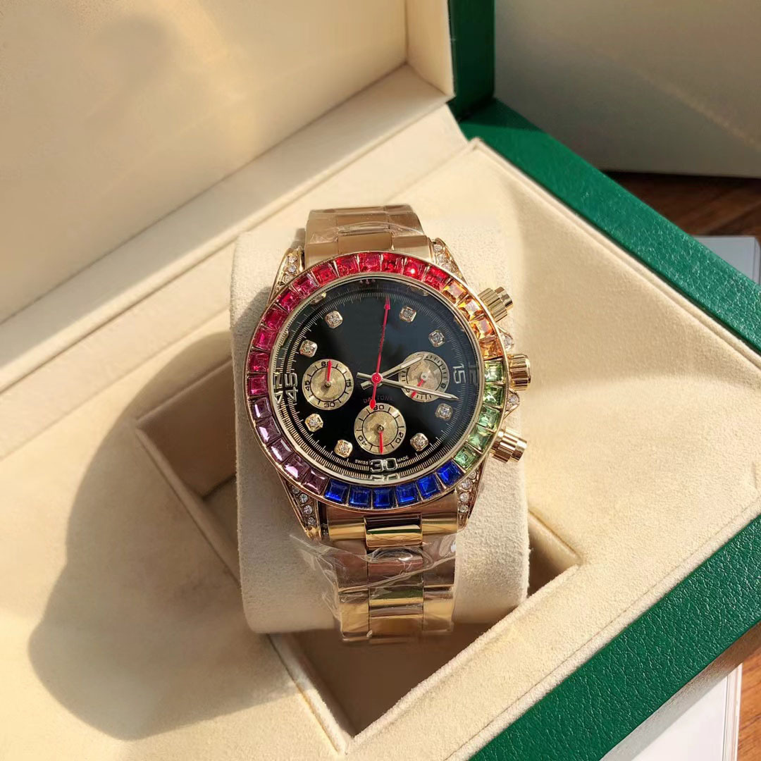 Rainbow men's quartz watch, steel band, diamond bezel