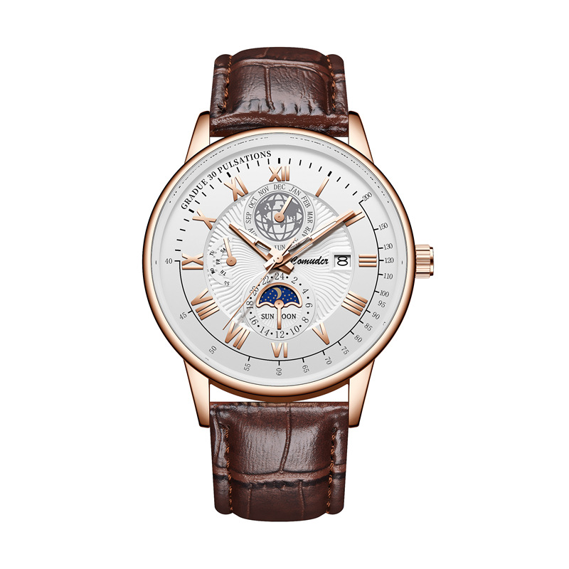 Men's quartz watch, leather strap, waterproof