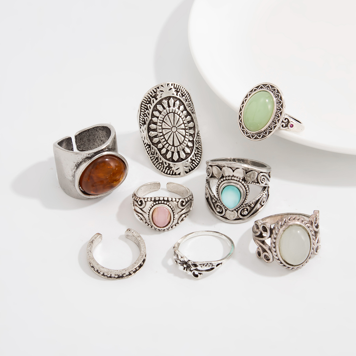 Antique silver carved wide band ring, cat's eye stone, stackable