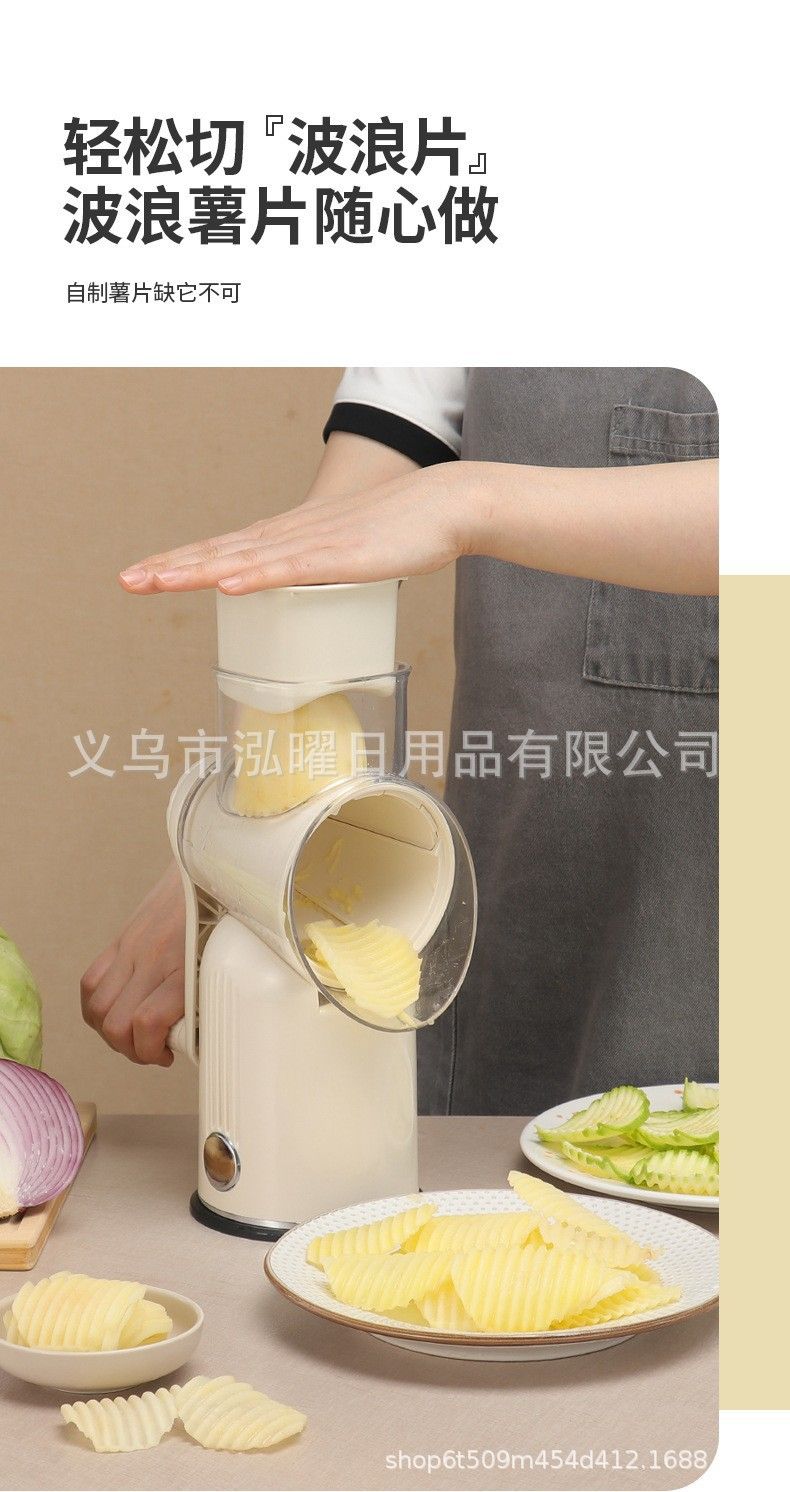 Multi-function vegetable cutter with hand-crank roller, slicer and grater