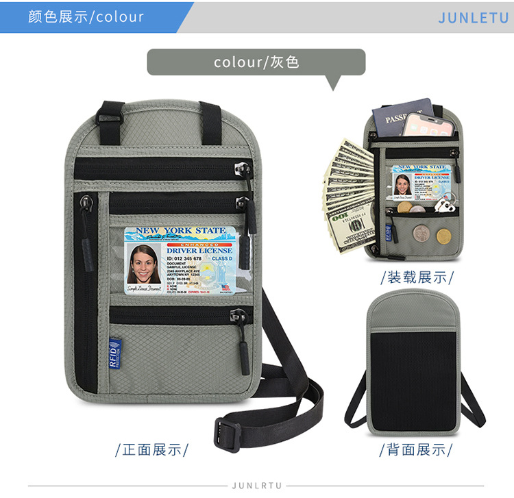 RFID neck wallet for travel documents and passport