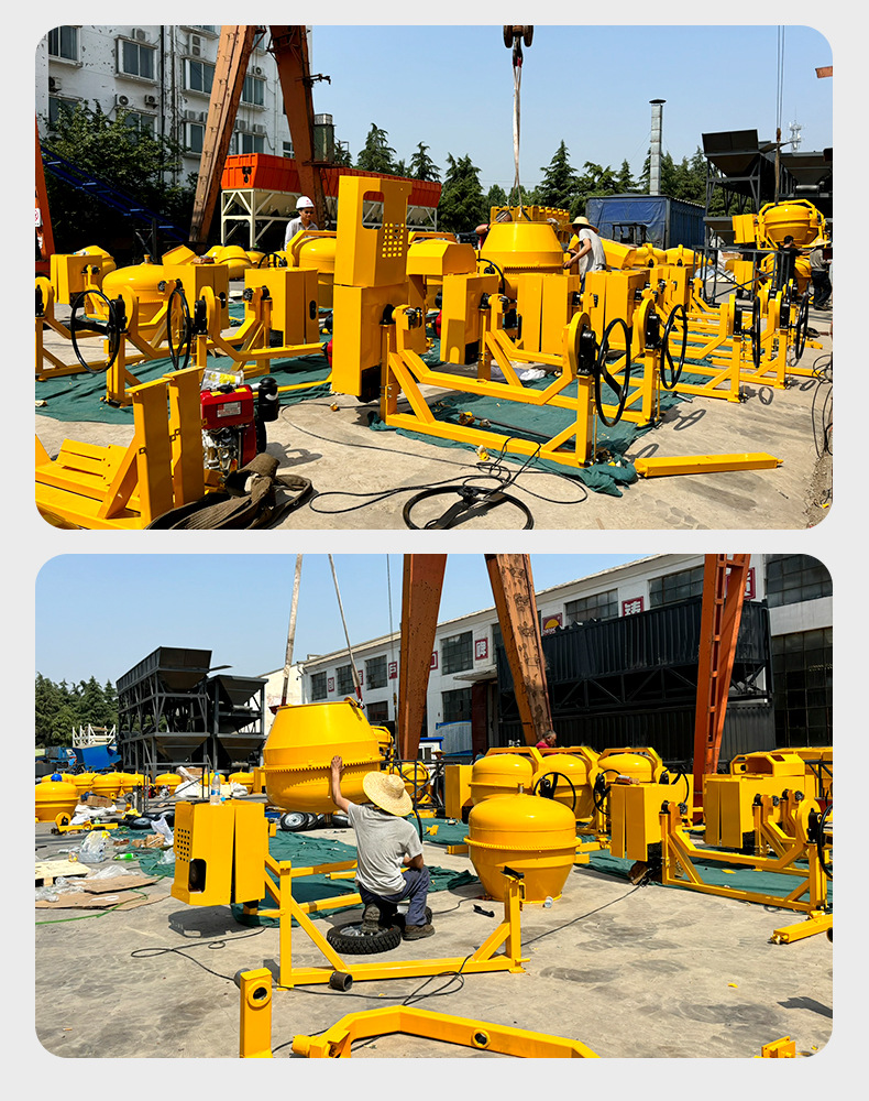 Small concrete drum mixer, vertical discharge, construction site rated