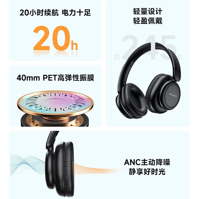 Bluetooth headphones, noise cancelling, over-ear design