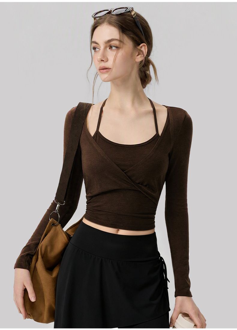 Yoga long sleeve top with halter neck and chest pad